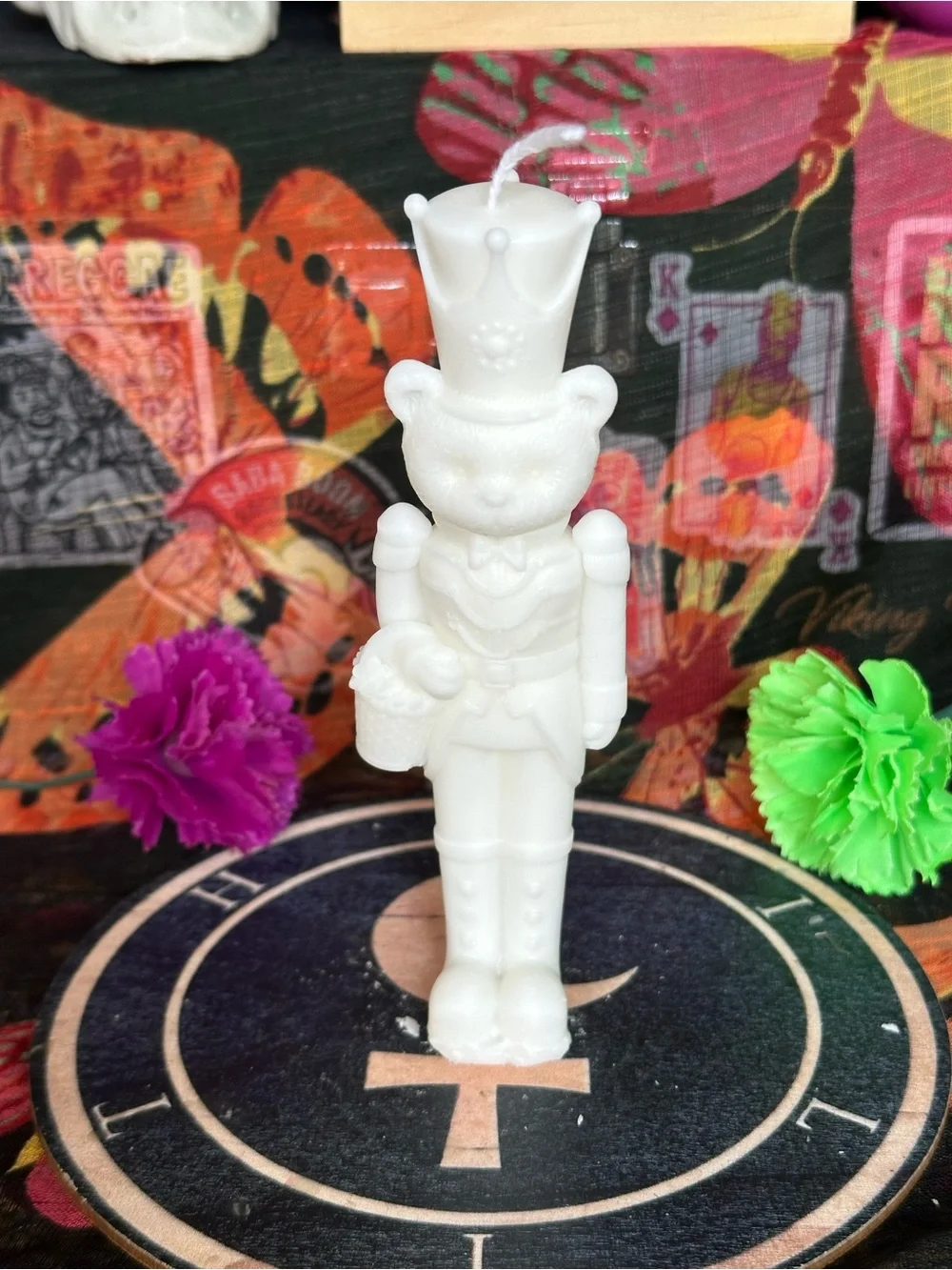 Handmade Bear Nutcracker Candle – White Holiday Soldier Candle